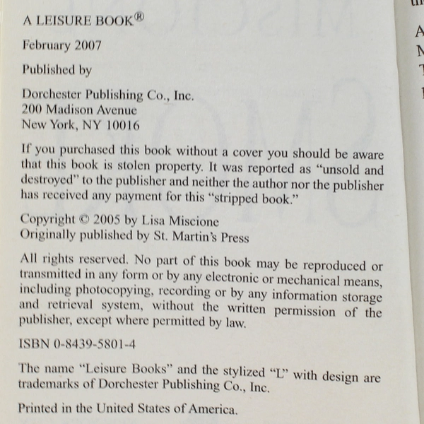 Smoke by Lisa Miscione 2007 Paperback - Good Condition Thriller Book
