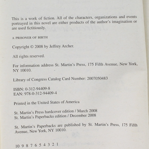 A Prisoner of Birth by Jeffrey Archer 2008 - Good Condition Novel