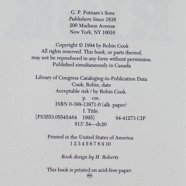 Acceptable Risk by Robin Cook 1994 Hardcover - Medical Thriller, Good Condition