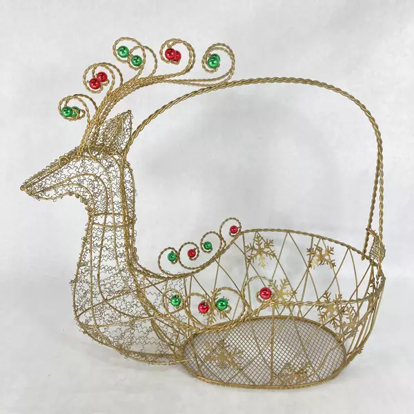 Gold Tone Wire Christmas Reindeer Basket With Red Green Ornaments 15 Inch