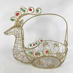 Gold Tone Wire Christmas Reindeer Basket With Red Green Ornaments 15 Inch