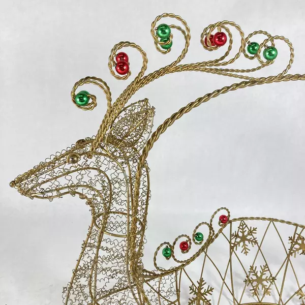 Gold Tone Wire Christmas Reindeer Basket With Red Green Ornaments 15 Inch