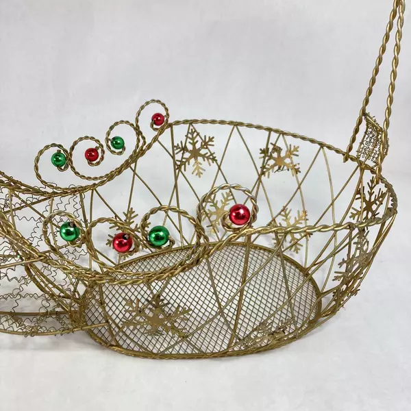 Gold Tone Wire Christmas Reindeer Basket With Red Green Ornaments 15 Inch