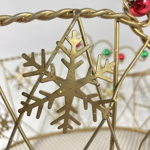 Gold Tone Wire Christmas Reindeer Basket With Red Green Ornaments 15 Inch