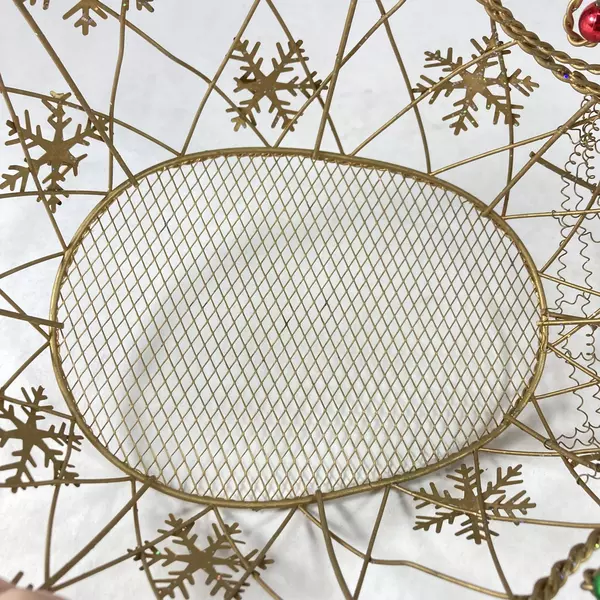 Gold Tone Wire Christmas Reindeer Basket With Red Green Ornaments 15 Inch