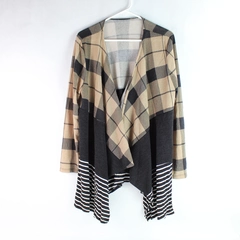 Stylish Women's Medium Open-Front Cardigan Black Brown White Patterned Top
