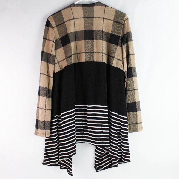 Stylish Women's Medium Open-Front Cardigan Black Brown White Patterned Top