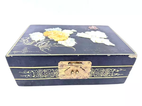 Vintage Black Lacquer Jewelry Box with Jade Flowers & Butterfly 9" Long