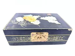 Vintage Black Lacquer Jewelry Box with Jade Flowers & Butterfly 9" Long