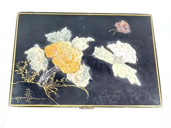 Vintage Black Lacquer Jewelry Box with Jade Flowers & Butterfly 9" Long
