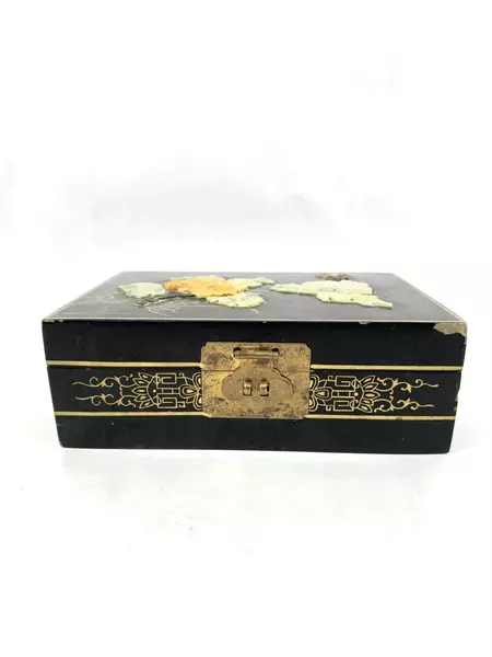 Vintage Black Lacquer Jewelry Box with Jade Flowers & Butterfly 9" Long
