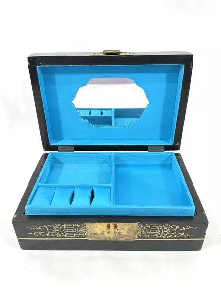 Vintage Black Lacquer Jewelry Box with Jade Flowers & Butterfly 9" Long