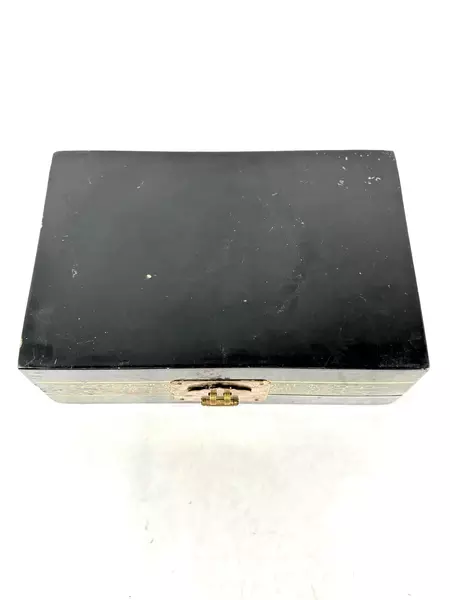 Vintage Black Lacquer Jewelry Box with Jade Flowers & Butterfly 9" Long