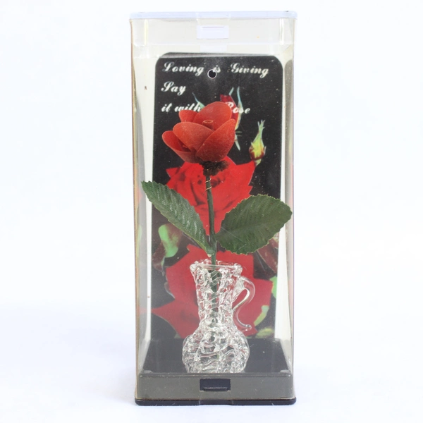 Everlasting Red Wooden Rose In Spun Glass Vase 4" Tall