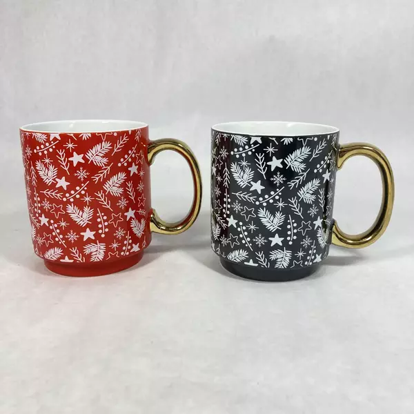2 Holiday Time Christmas Mugs Red And Black Gold Handles Boughs Stars Berries