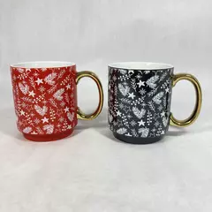 2 Holiday Time Christmas Mugs Red And Black Gold Handles Boughs Stars Berries
