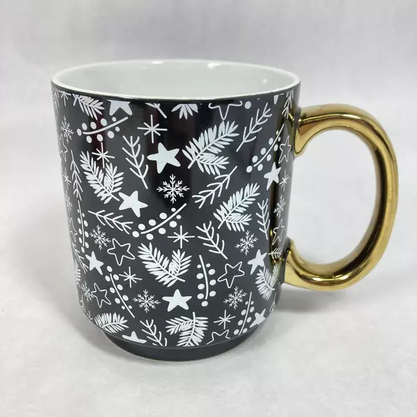 2 Holiday Time Christmas Mugs Red And Black Gold Handles Boughs Stars Berries