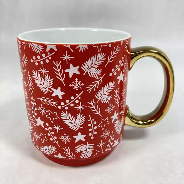 2 Holiday Time Christmas Mugs Red And Black Gold Handles Boughs Stars Berries