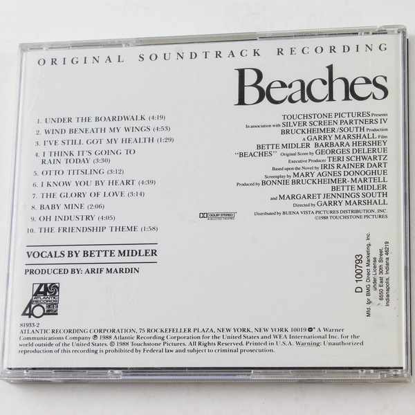 Beaches Original Soundtrack CD Bette Midler 1988 Atlantic Good Condition