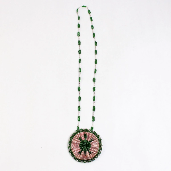 Handmade Bead Necklace With Hide Back Turtle Medallion  