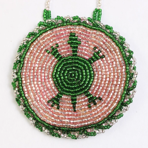 Handmade Bead Necklace With Hide Back Turtle Medallion  