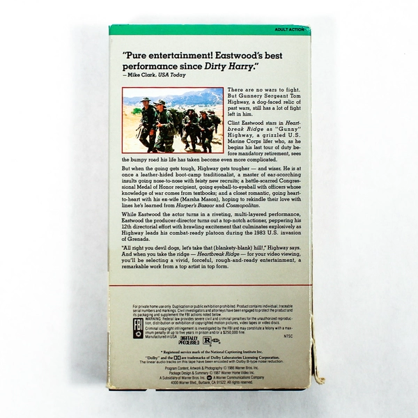 Clint Eastwood Heartbreak Ridge VHS 1986 Warner Bros Action Adventure