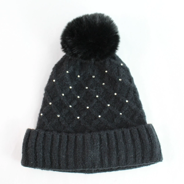 Collection XIIX Black Knit Faux Fur Pom Beanie Women's Hat O/S, Pre-owned