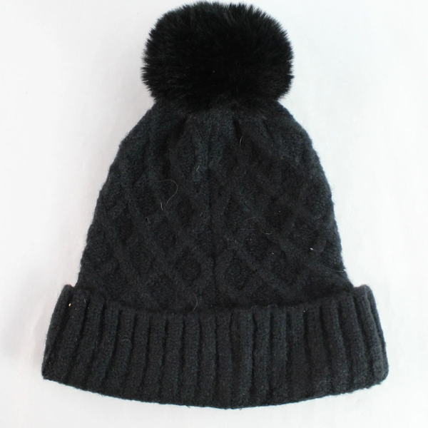 Collection XIIX Black Knit Faux Fur Pom Beanie Women's Hat O/S, Pre-owned