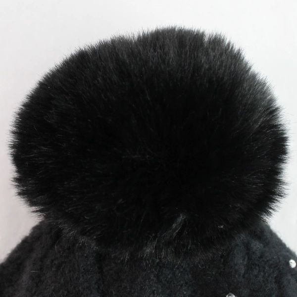 Collection XIIX Black Knit Faux Fur Pom Beanie Women's Hat O/S, Pre-owned