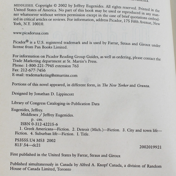 Middlesex by Jeffrey Eugenides 2003 Paperback International Bestseller