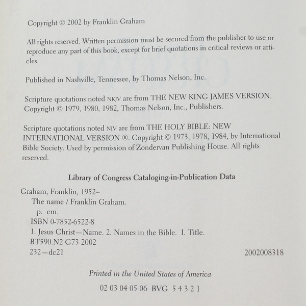 The Name by Franklin Graham 2002 Hardcover Book Christian Living, Good Condition