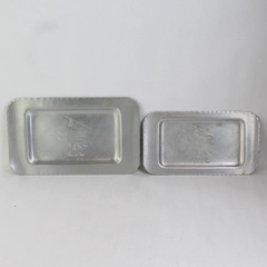 Lot of 2 Vintage Hilsen Fra Voss Etched Aluminum Trays Norway Tram Scene