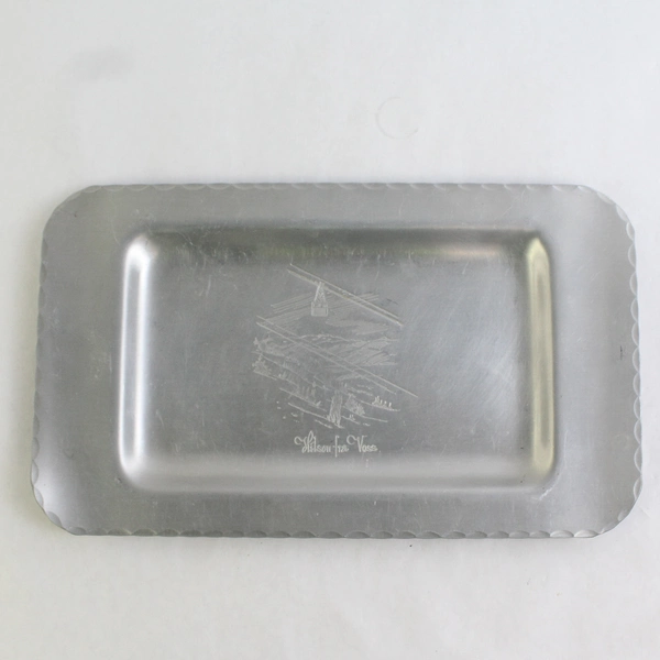 Lot of 2 Vintage Hilsen Fra Voss Etched Aluminum Trays Norway Tram Scene