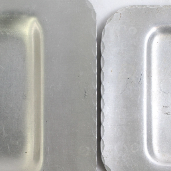 Lot of 2 Vintage Hilsen Fra Voss Etched Aluminum Trays Norway Tram Scene