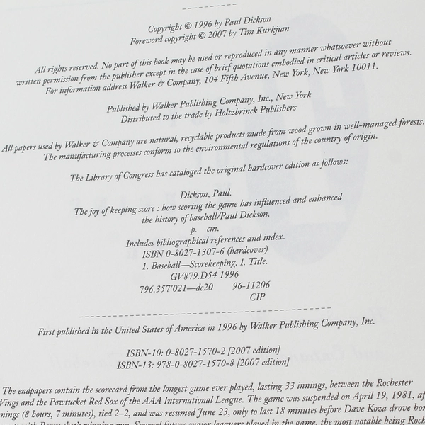 The Joy of Keeping Score by Paul Dickson 2007 Baseball History Hardcover