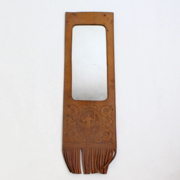 Vintage Fringed Hand Tooled Leather Bound Mirror With Mermaid Reading Warszawa