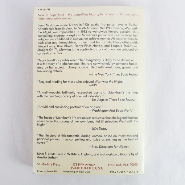 Beryl Markham Biography "Straight On Till Morning" by Mary S. Lovell 1987 PB