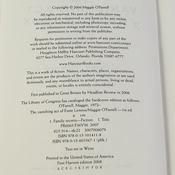 The Vanishing Act of Esme Lennox by Maggie O'Farrell 2006 PB Pre-Owned