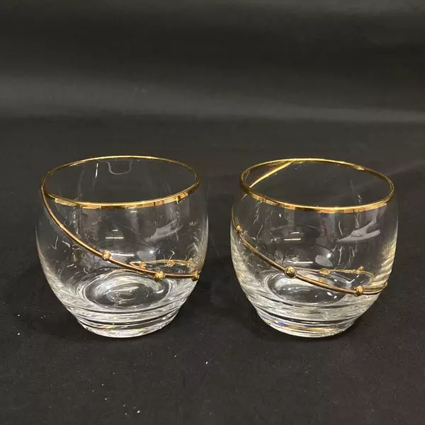 2 Clear Crystal Juice or Cordial Glasses Gold Rim and Gold Swirl Beaded Band