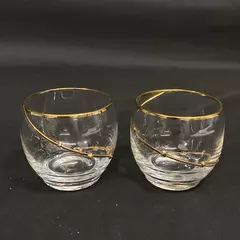 2 Clear Crystal Juice or Cordial Glasses Gold Rim and Gold Swirl Beaded Band