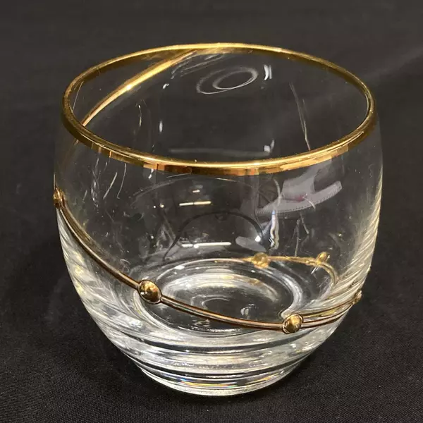 2 Clear Crystal Juice or Cordial Glasses Gold Rim and Gold Swirl Beaded Band