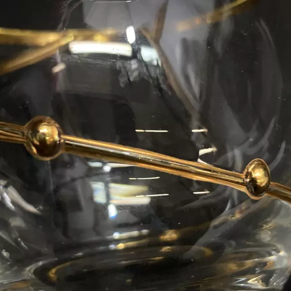 2 Clear Crystal Juice or Cordial Glasses Gold Rim and Gold Swirl Beaded Band