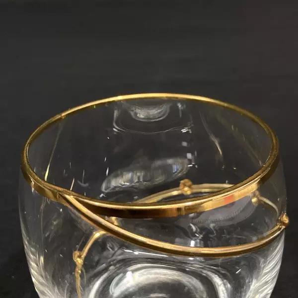 2 Clear Crystal Juice or Cordial Glasses Gold Rim and Gold Swirl Beaded Band
