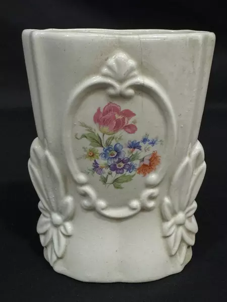 Vintage Cream Porcelain Vase with Embossed Flowers - Decorative Planter