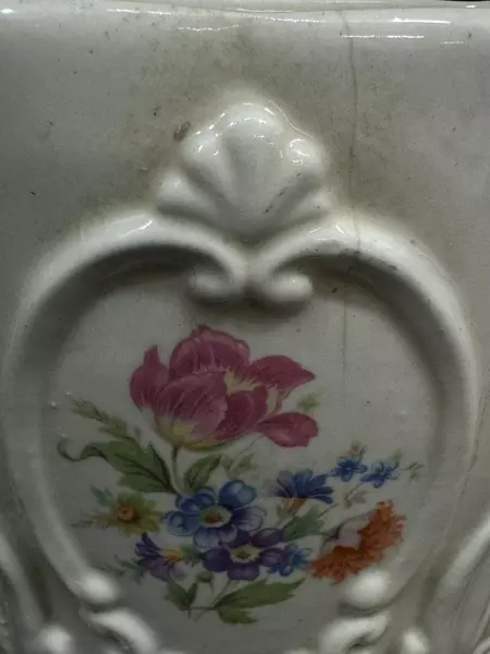 Vintage Cream Porcelain Vase with Embossed Flowers - Decorative Planter