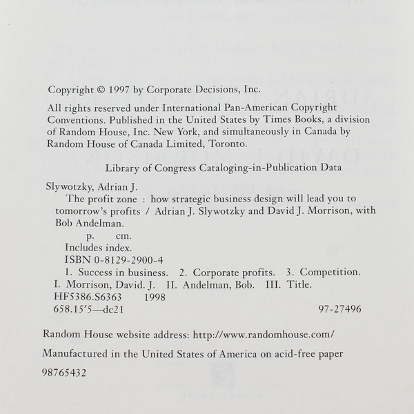 The Profit Zone by Slywotzky & Morrison 1997 Hardcover - Good Condition