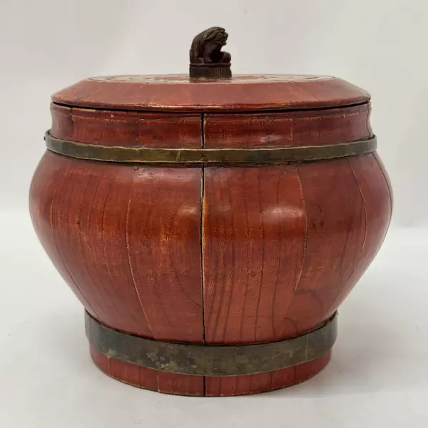 Antique Chinese Red Lacquered Rice Bucket With Lid For Repair
