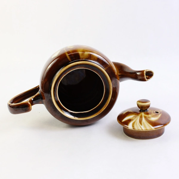 Unbranded Brown White Ceramic Teapot With Lid Simple Round