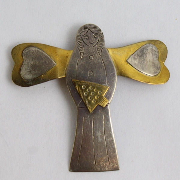 Vintage Mixed Metal Angel Holding Christmas Tree Brooch