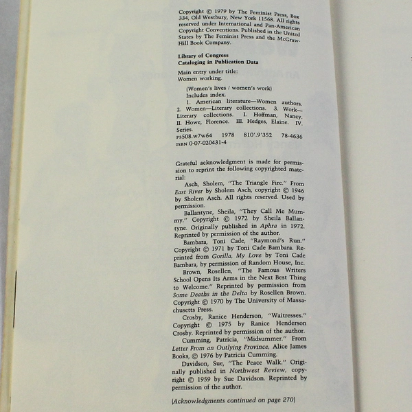 Women Working: Anthology of Stories & Poems by Nancy Hoffman 1979 PB